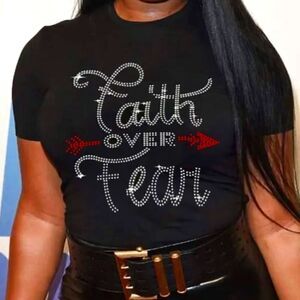 New Faith over Fear Rhinestone T-shirt Black with Red and Silver Soft Stretchy